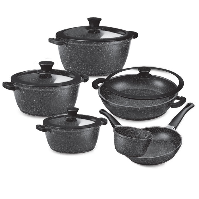 GSW Gourmet Granite Cooking Pot Set 10 Pieces Aluminium Glass Plastic  Stainless Steel Black